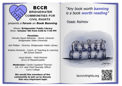 Image of Book Banning Flyer. Includes Isaac Asimov Quote: Any book worth banning is a book worth reading.