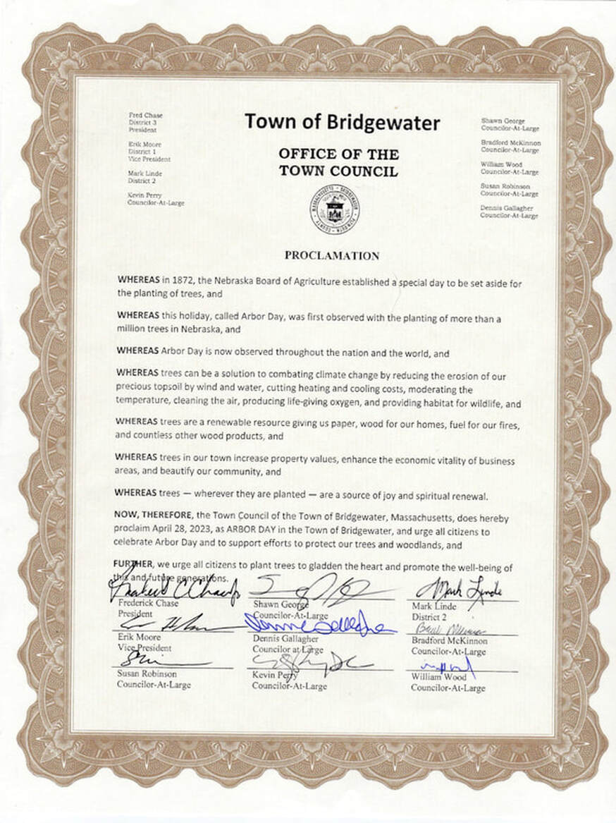 Image of Arbor Day Proclamation issued by the Bridgewater Town Council proclaiming 4/28/2023 Arbor Day in Bridgewater, MA. Access the PDF here: https://www.bridgewaterma.org/documentcenter/view/5166